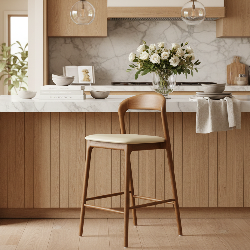 Shannen Bar Chair-Oak Frame with Beige PU Seat