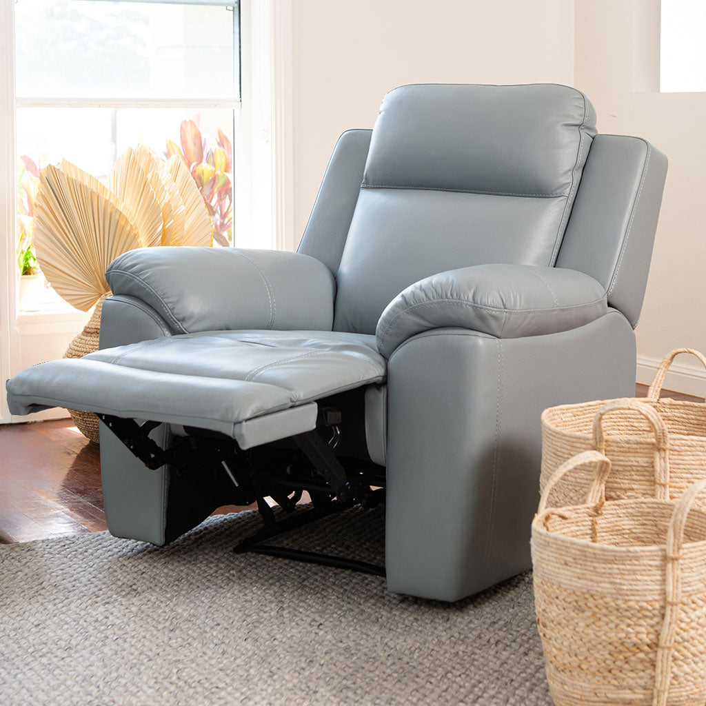 Mila Leather Manual Recliner-Ice Blue