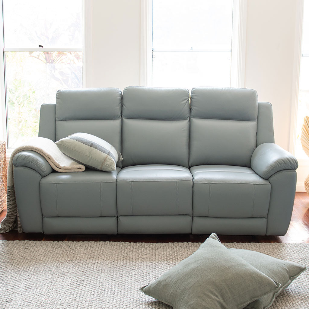 Mila 3 Seater Leather Manual Recliner-Ice Blue