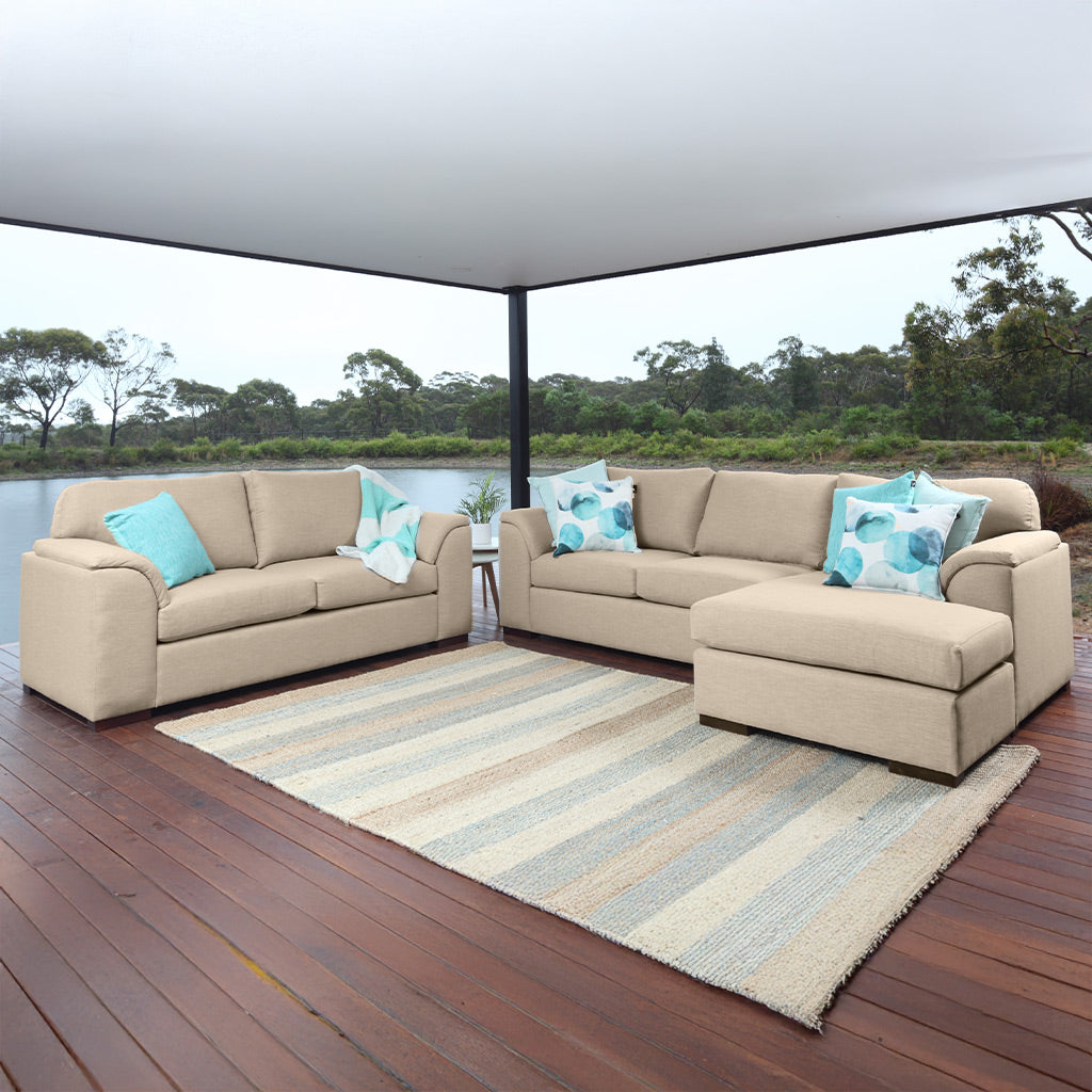 Wallacia 4 Seater Chaise & 2.5 Seater Fabric Sofa Set-Almond