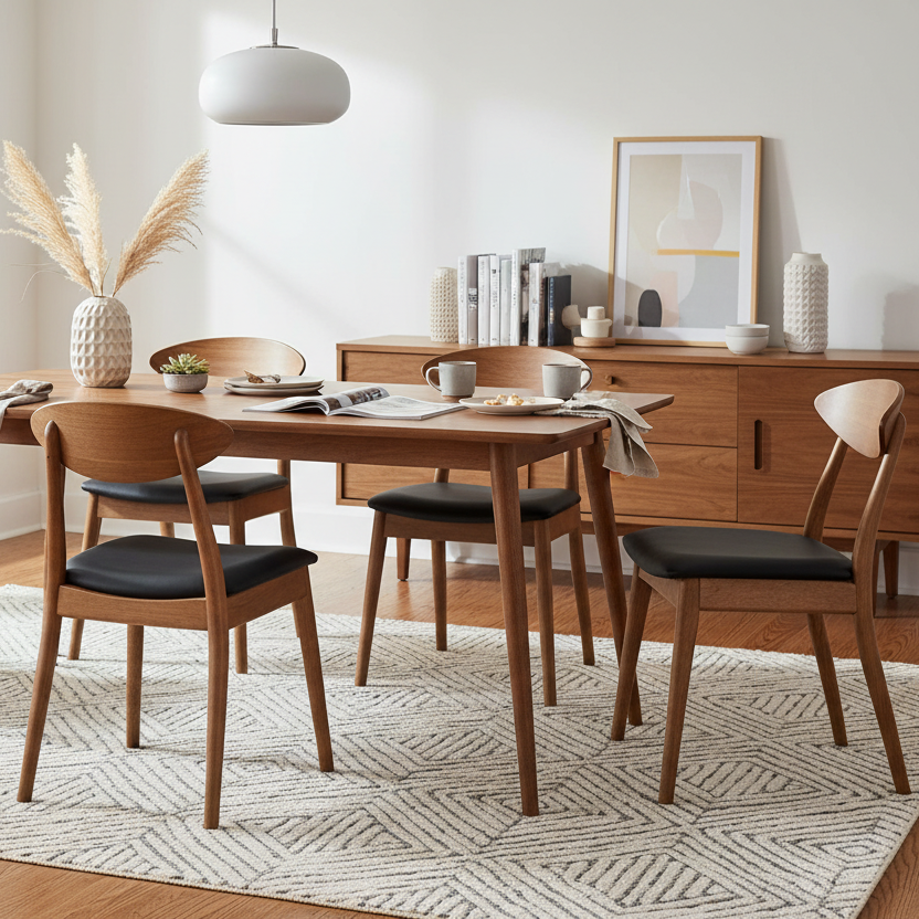 Moon Dining Chair-Light Walnut with Black PU Seat