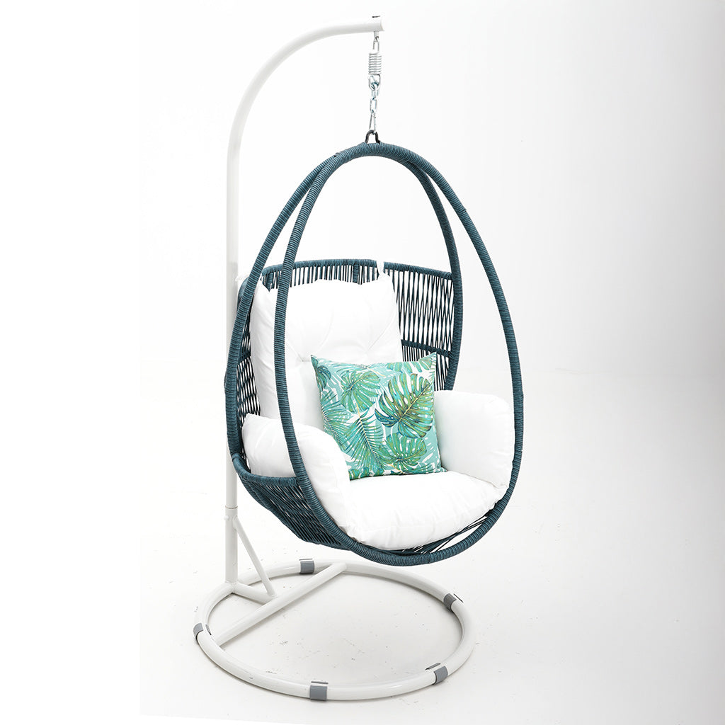 Harvey Bay Hanging Chair Blue/White Frame White Cushion