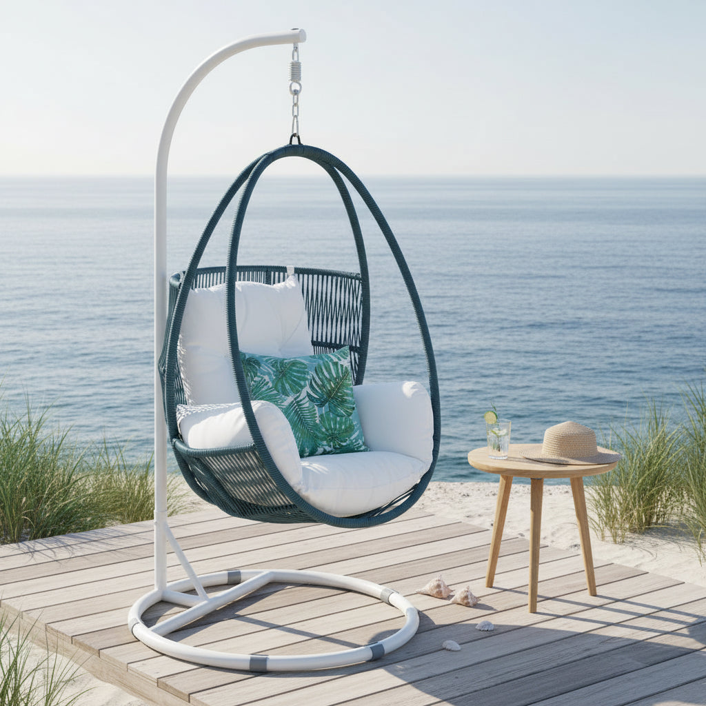 Harvey Bay Hanging Chair Blue/White Frame White Cushion
