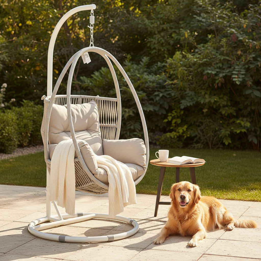 Harvey Bay Hanging Chair Light Grey/White Frame Beige Cushion