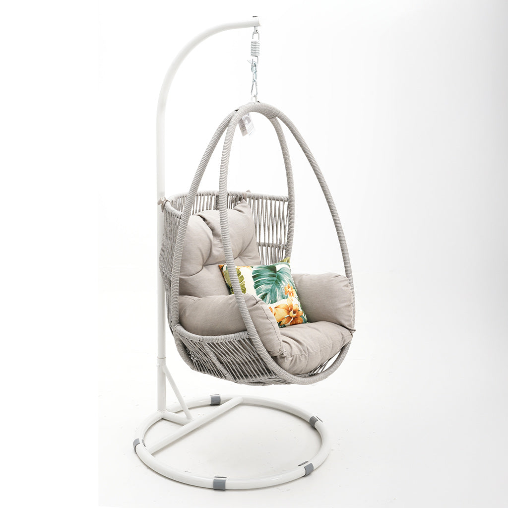 Hervey Bay Hanging Chair Blue/White Frame White Cushion