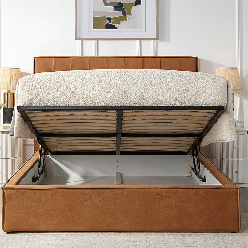 Crest Queen Bed with Gaslift Base-Cognac