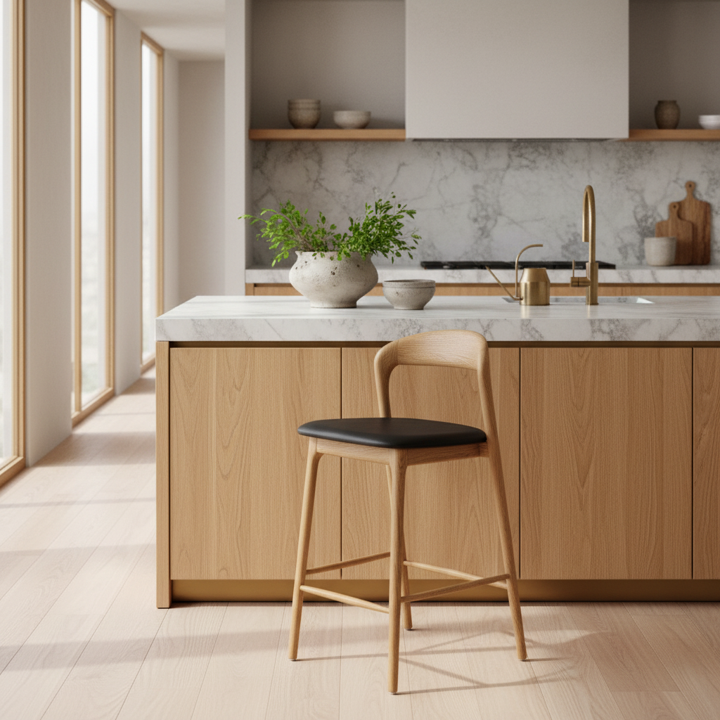 Shannen Bar Chair-Oak Frame with Black PU Seat