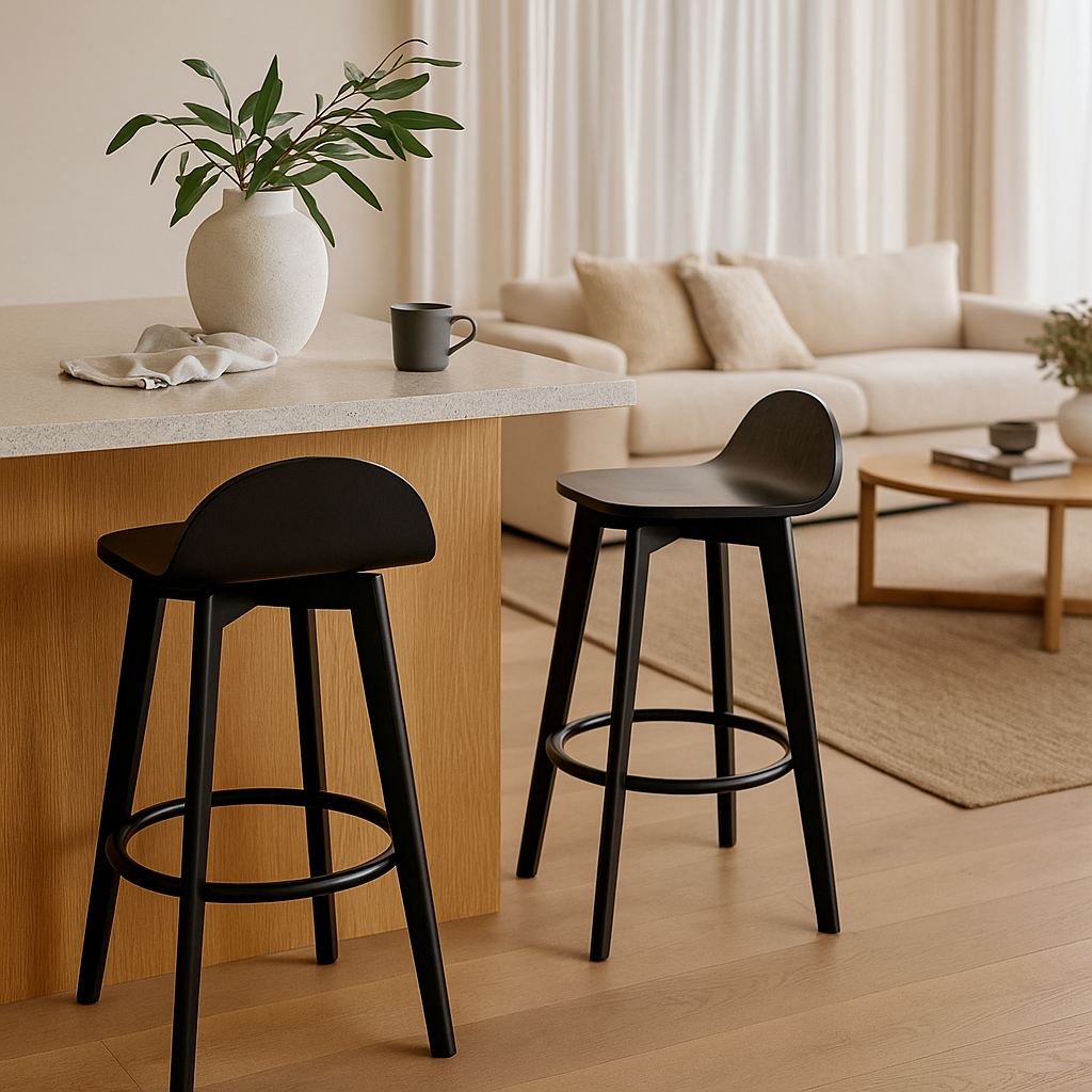 Caulfield Bar Stool-Black with Black Veneer Timber Seat