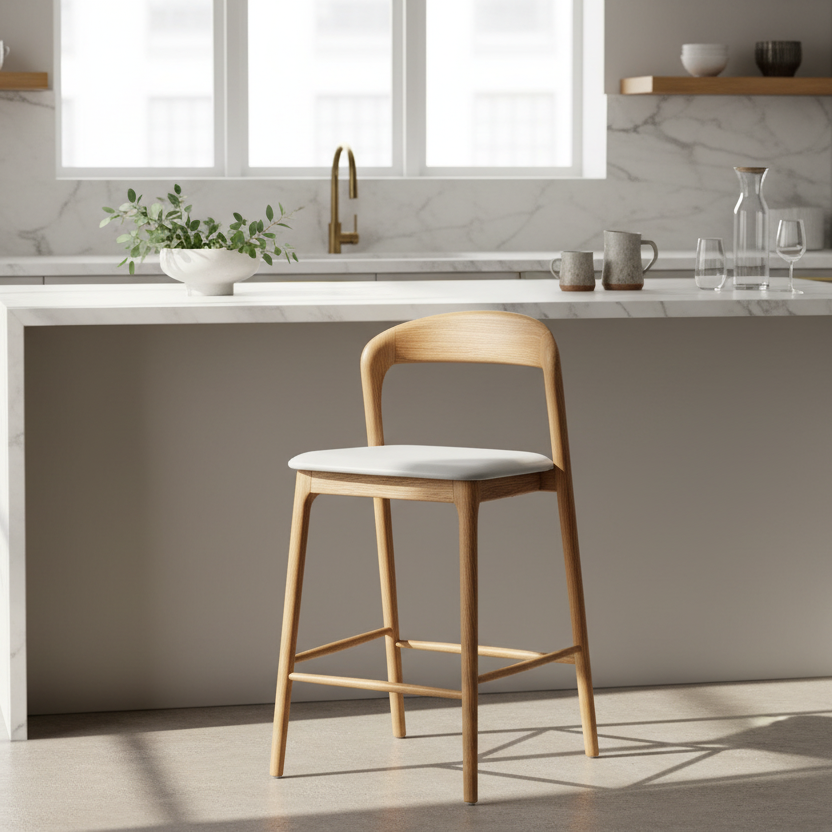 Shannen Bar Chair-Oak Frame with White PU Seat