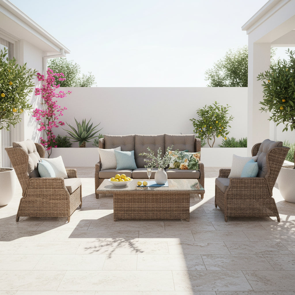 Buenos Aires Full Recliner Set Marina Wicker Taupe Cushion