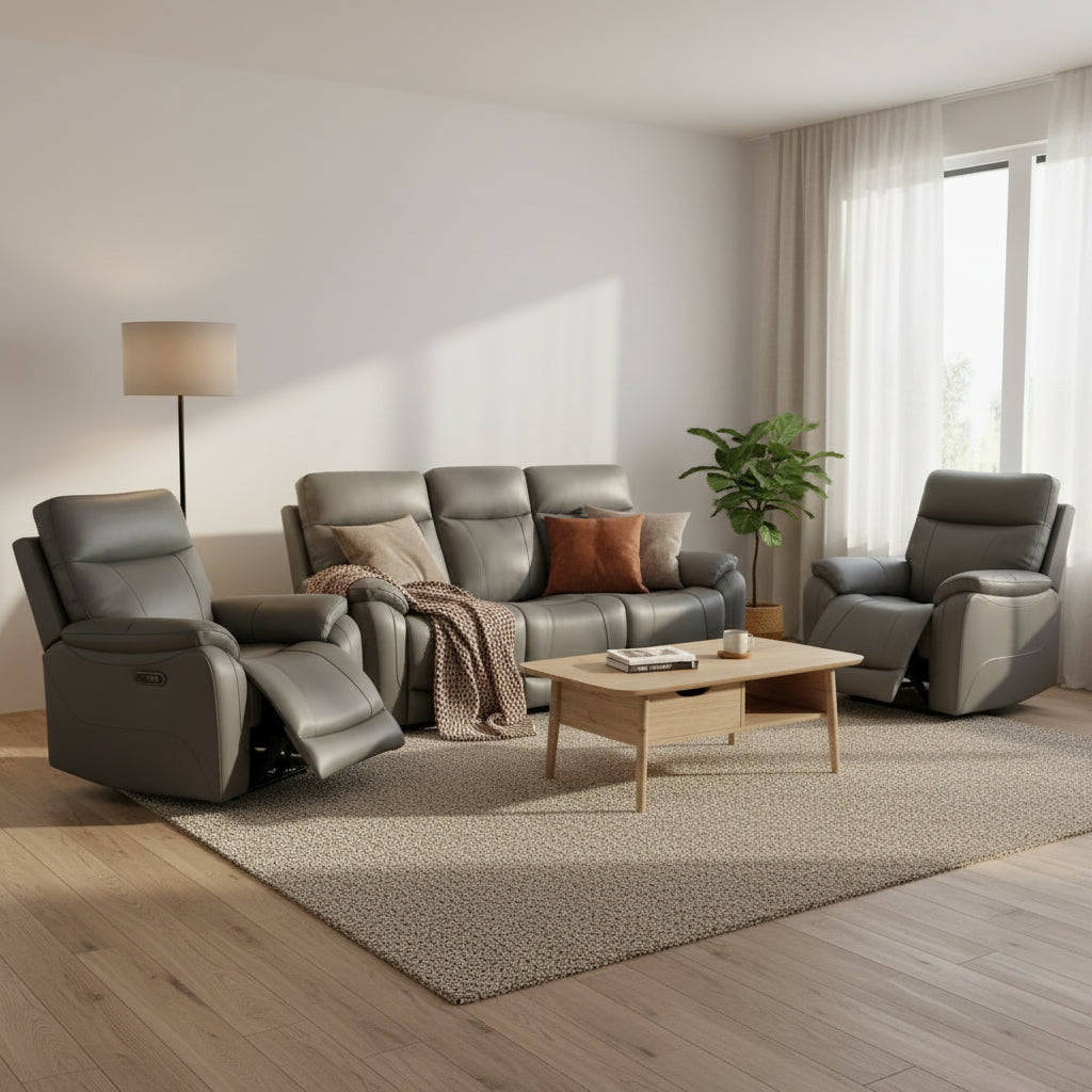 Arles 3 Piece Leather Power Recliner Suite-Gunmetal