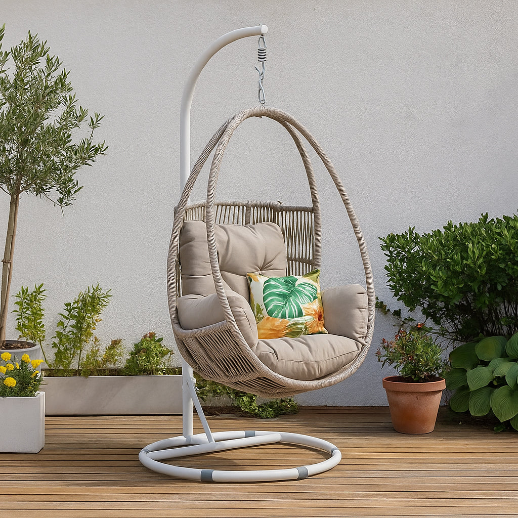 Hervey Bay Hanging Chair Light Grey/White Frame Beige Cushion