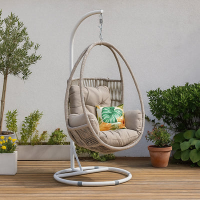 Hervey Bay Hanging Chair Light Grey/White Frame Beige Cushion hover image