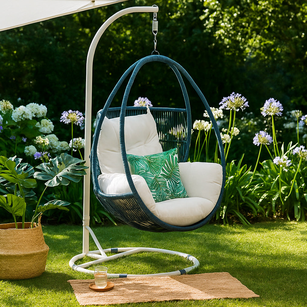 Hervey Bay Hanging Chair Blue/White Frame White Cushion