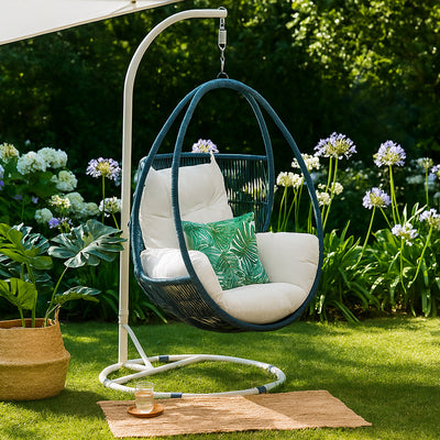 Hervey Bay Hanging Chair Blue/White Frame White Cushion hover image