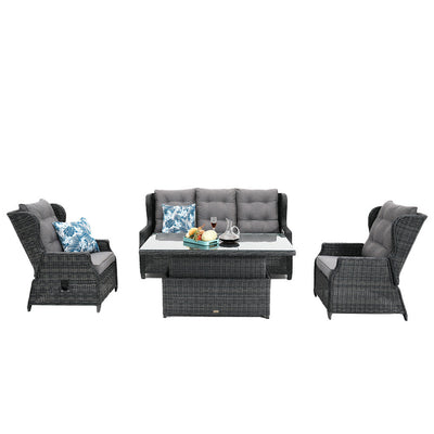Buenos Aires Outdoor Wicker 4 Piece Recliner Lounge Set with Ceramic Glass Top