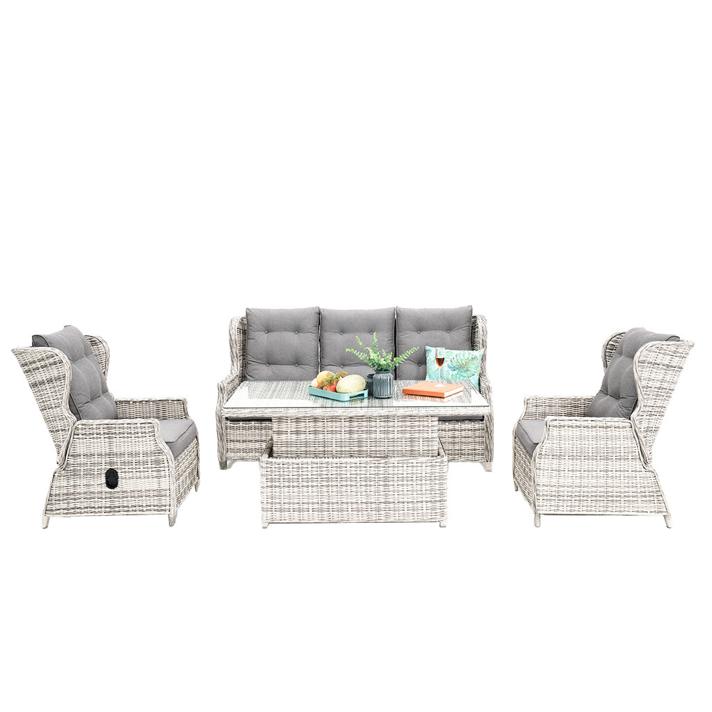 Buenos Aires Full Recliner Set with Ceramic Glass Zen White Wicker Grey Cushion