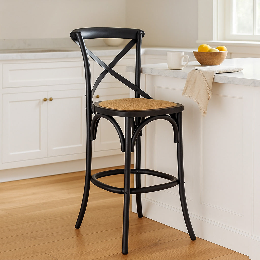 Café Bar Stool-Black with Rattan Seat