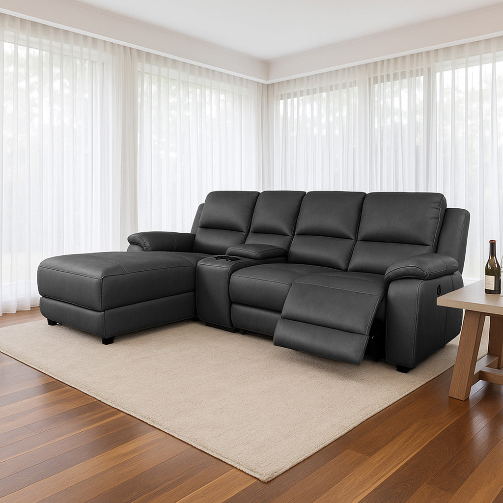 Harlee 3 Seater Fabric Sofa with LHF Chaise and Power Recliner-Anchor