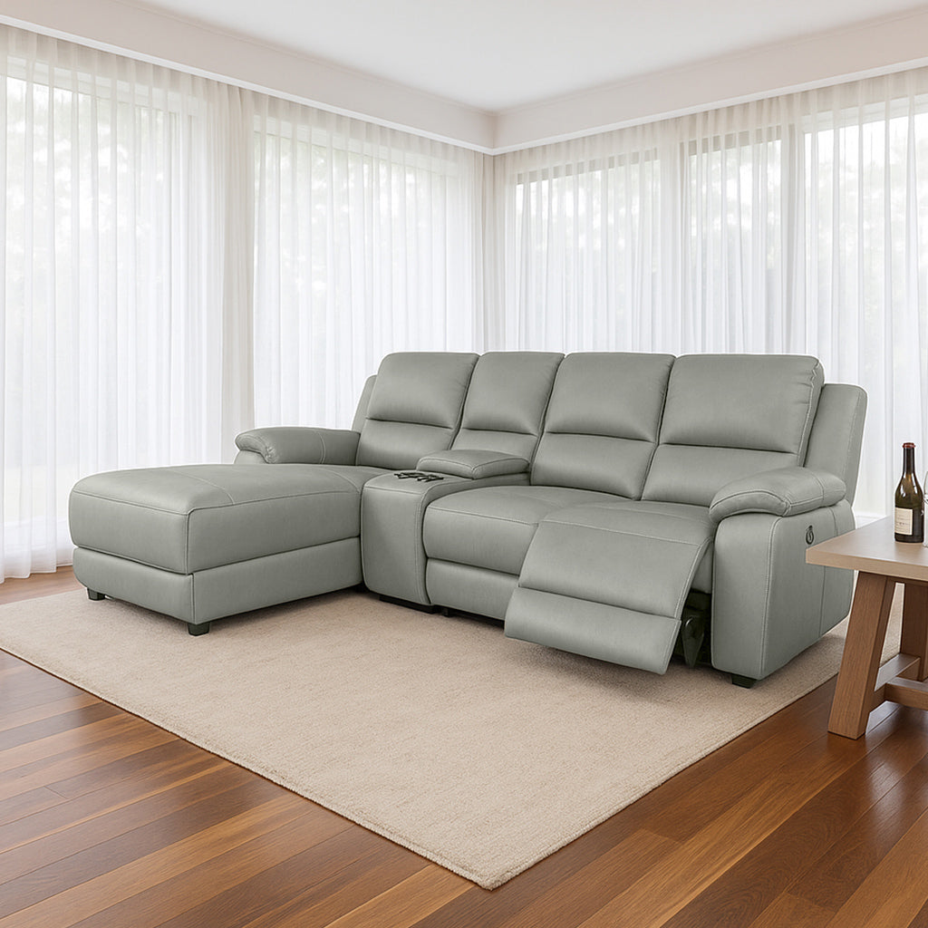 Harlee 3 Seater Fabric Sofa with LHF Chaise and Power Recliner-Shadow