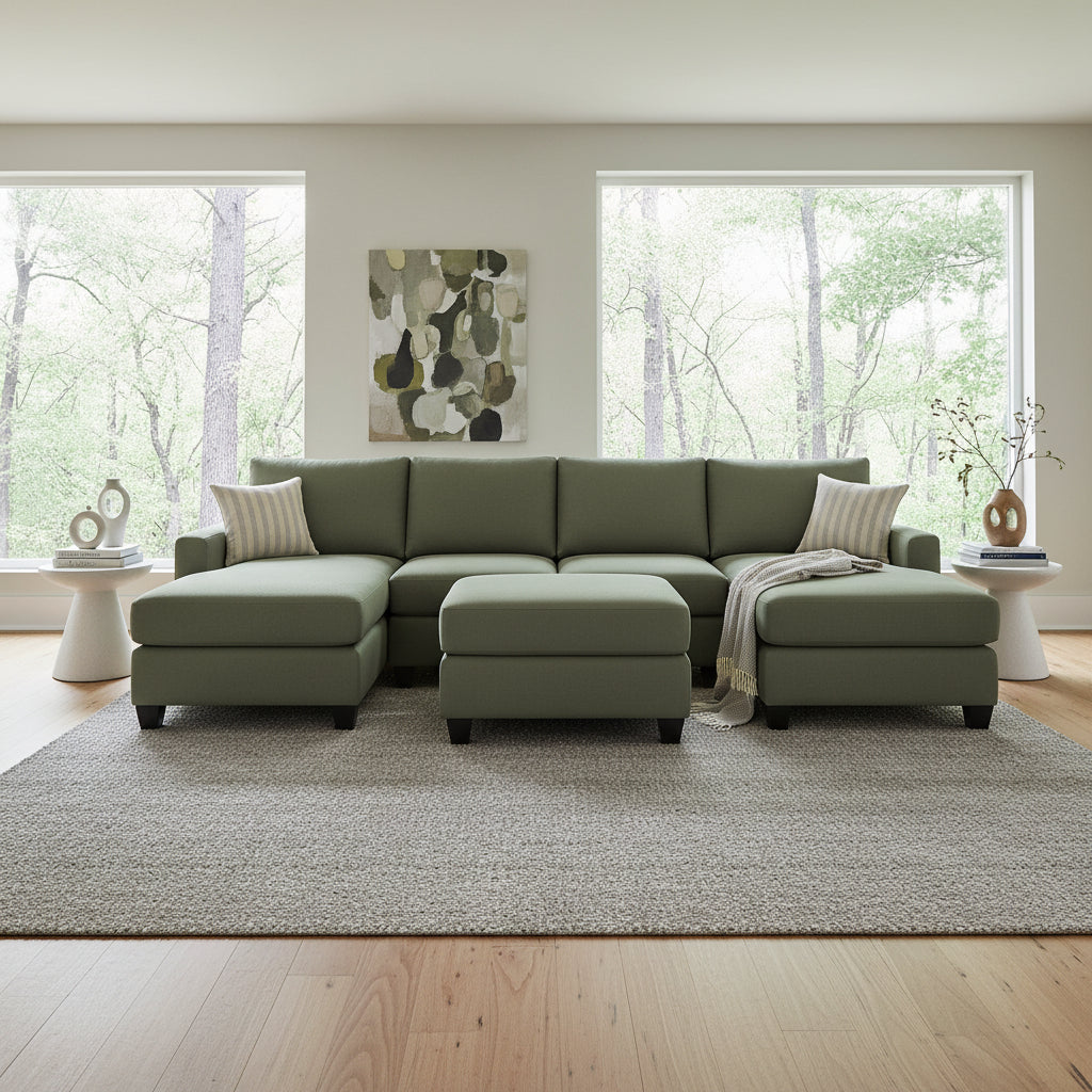 Charlie 4 Seater Double Chaise Fabric Sofa with Ottoman-Forest