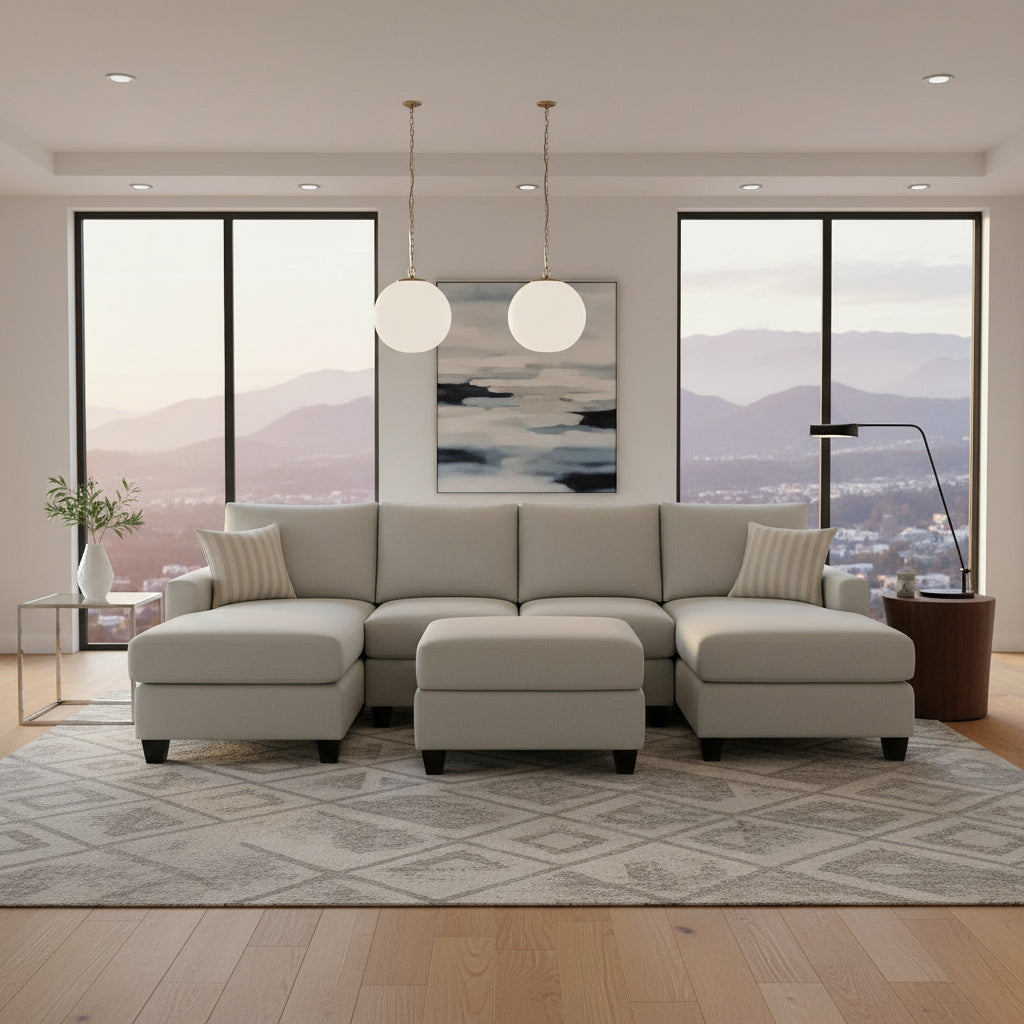 Charlie 4 Seater Double Chaise Fabric Sofa with Ottoman-Metal