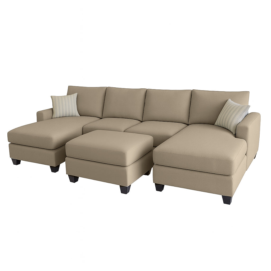 Charlie 4 Seater Double Chaise Fabric Sofa with Ottoman-Wheat
