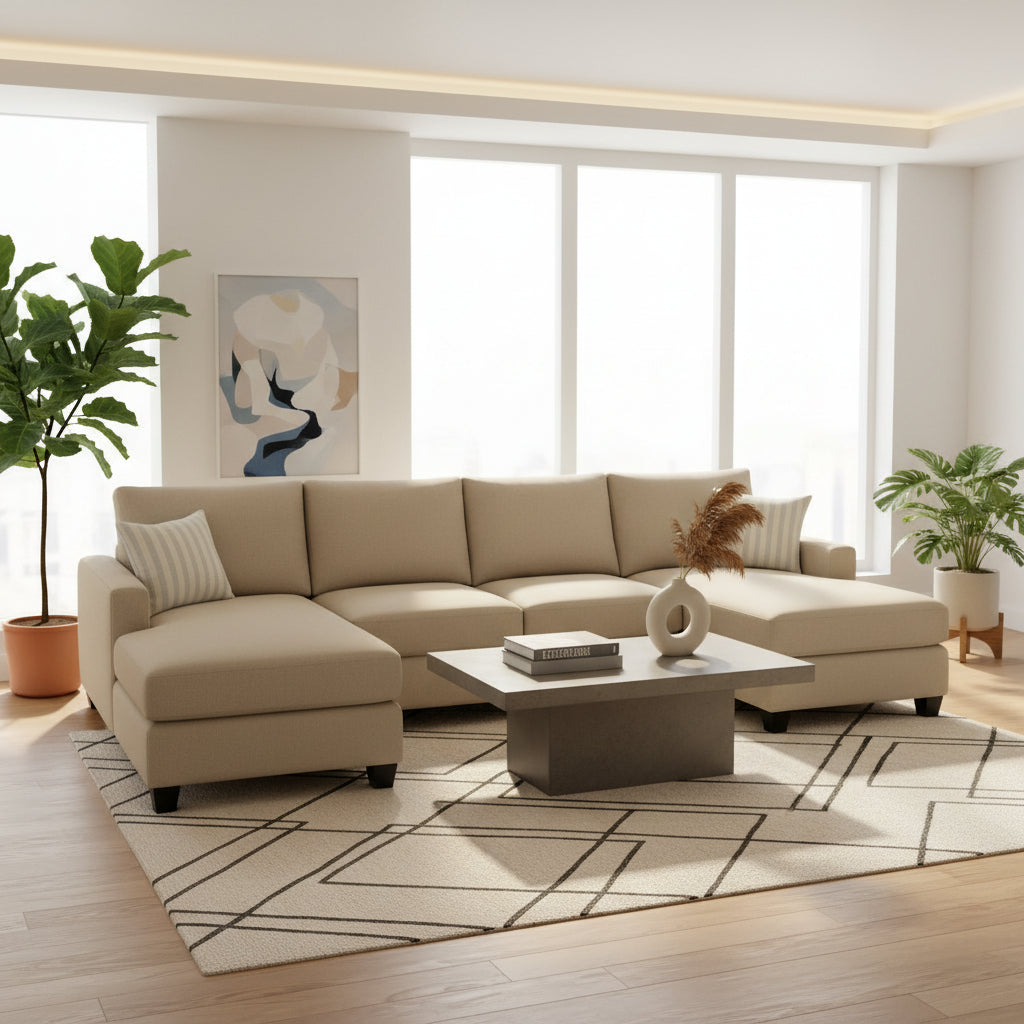 Charlie 4 Seater Double Chaise Fabric Sofa with Ottoman-Wheat