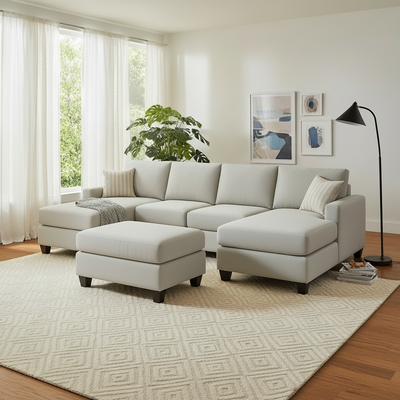 Charlie 4 Seater Double Chaise Fabric Sofa with Ottoman-Tusk hover image