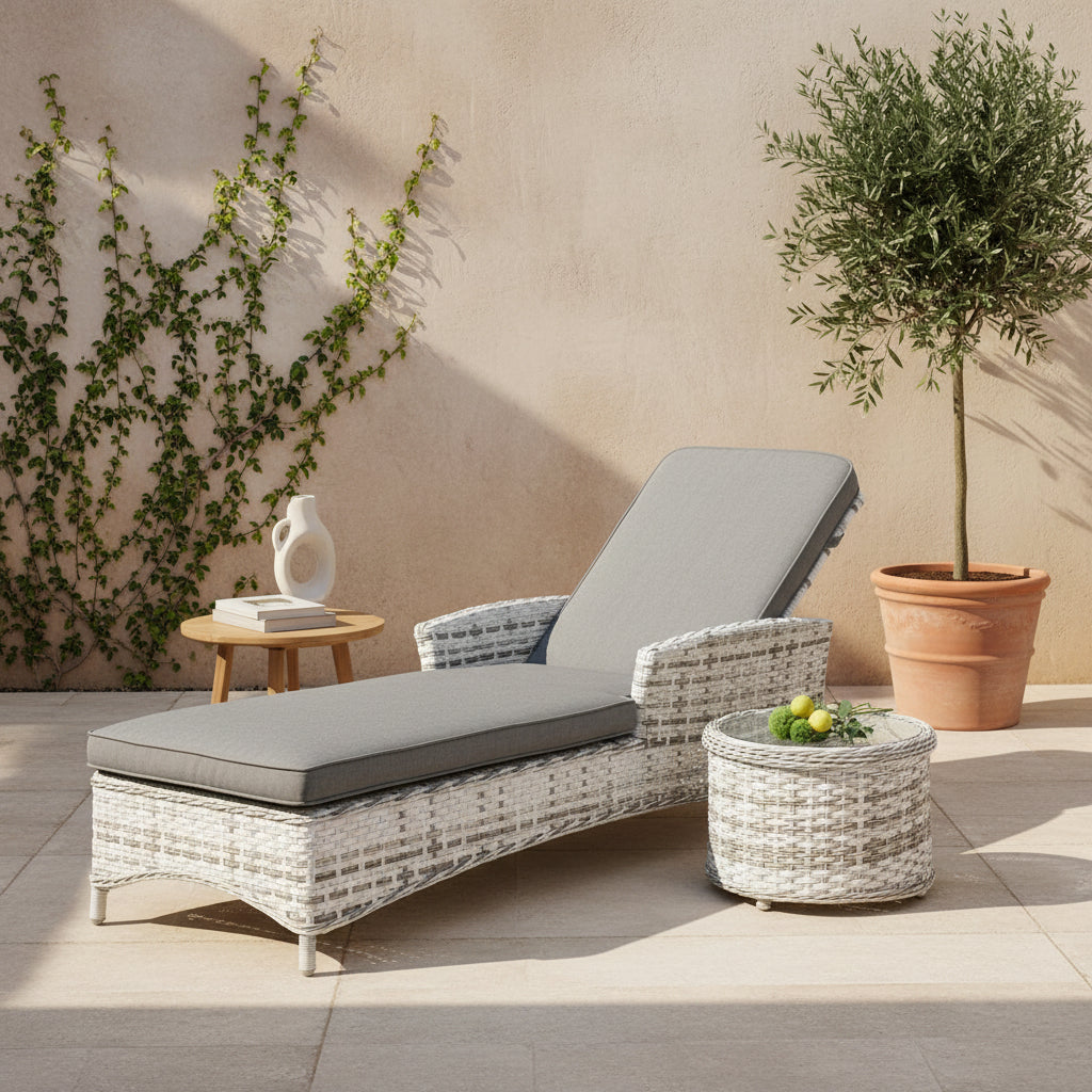 Fremont Sunlounge with Side Table Zen White Wicker Grey Cushion