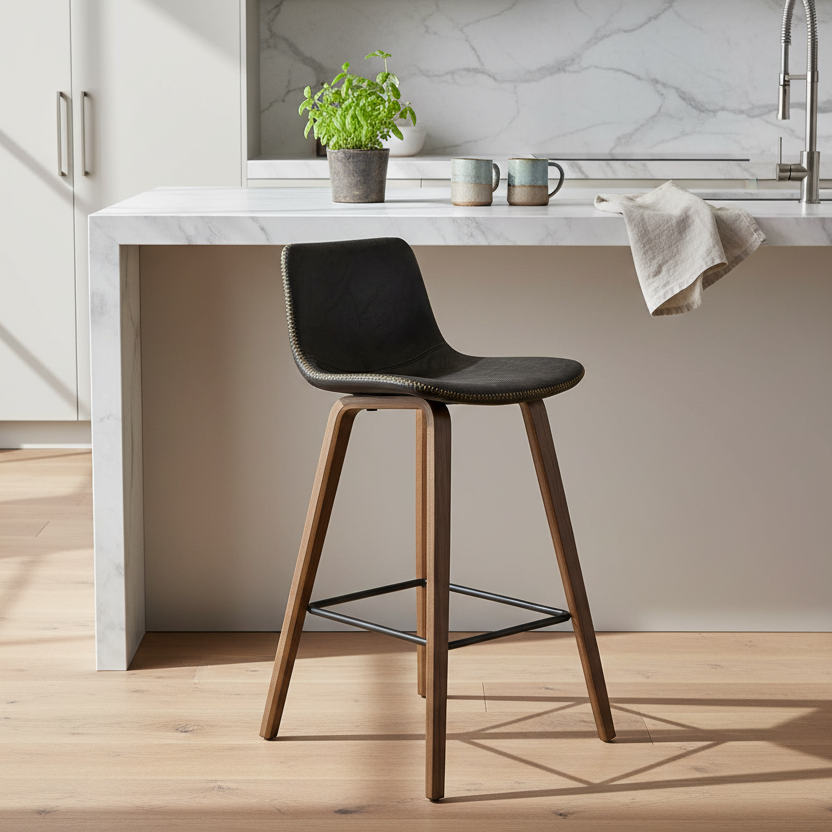 Levy Bar Stool-Walnut Veneer Frame with Antique Black PU