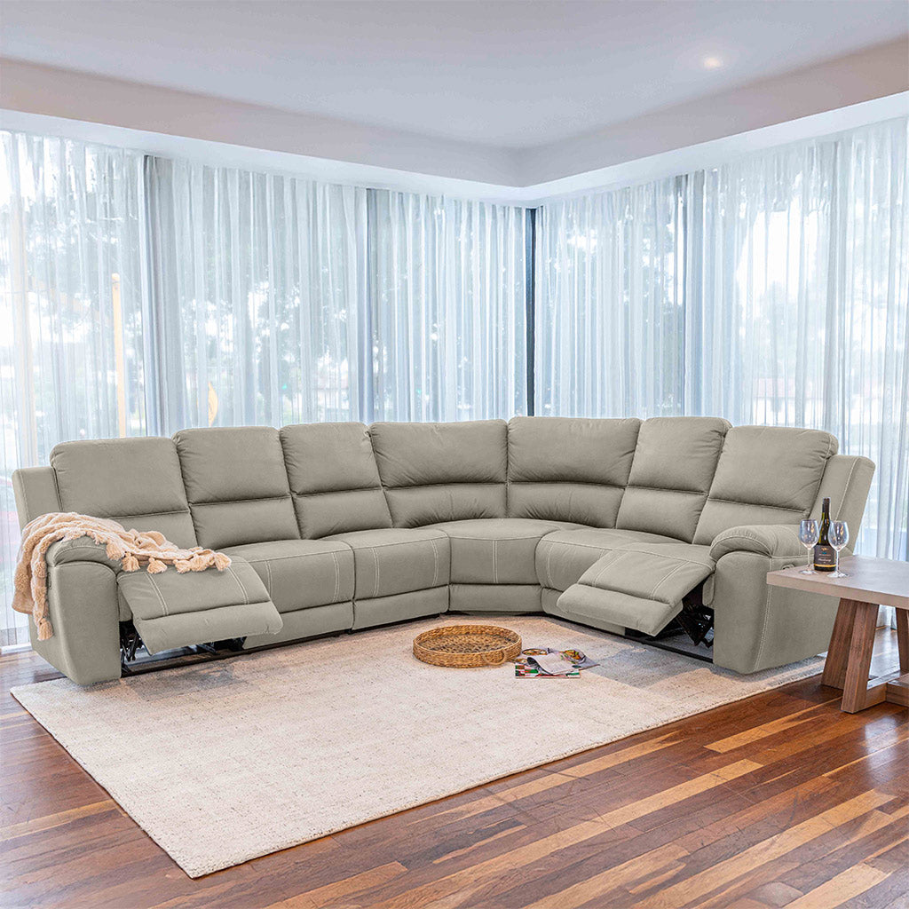 Harlee 6 Seater Fabric Corner Modular Sofa with End Manual Recliners-Mist