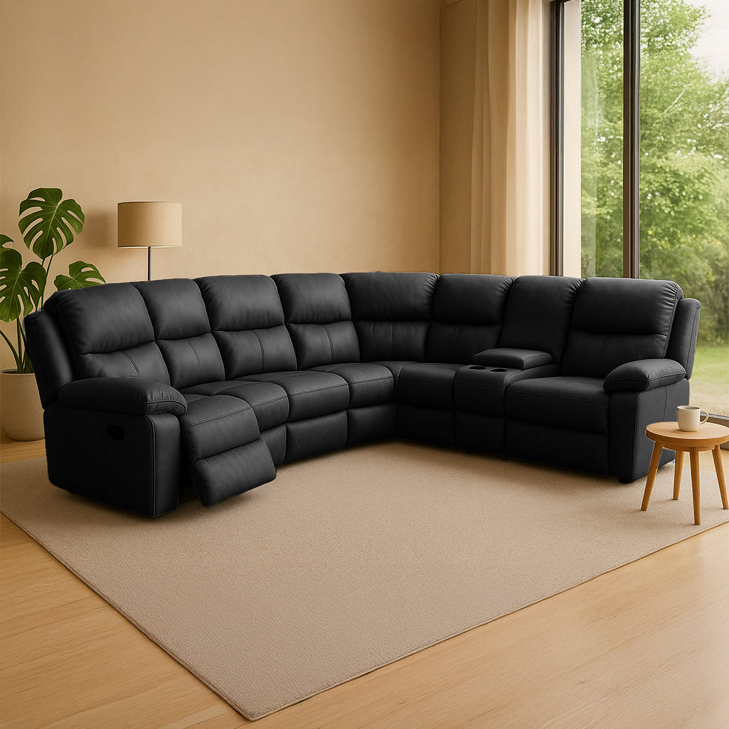Ibis 6 Seater Leather Cnr Modular Recliner-Black