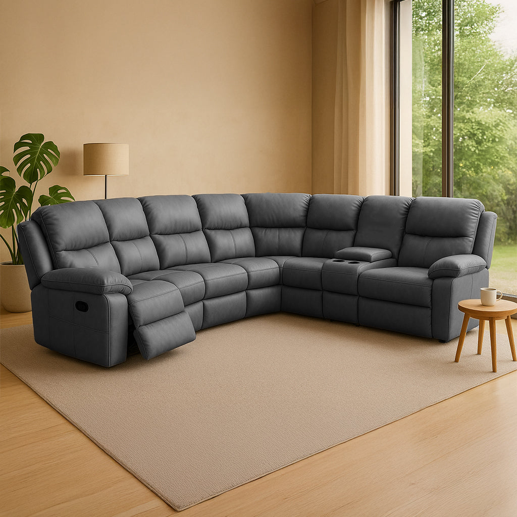 Ibis 6 Seater Leather Cnr Modular Recliner-Charcoal