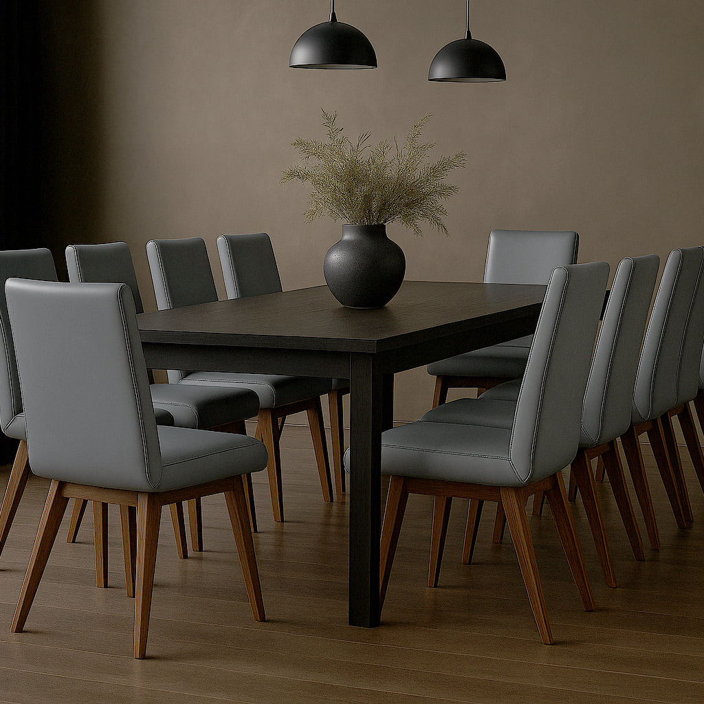 Marsden Leather Dining Chair-Grey Leather with Blackwood Stain Legs