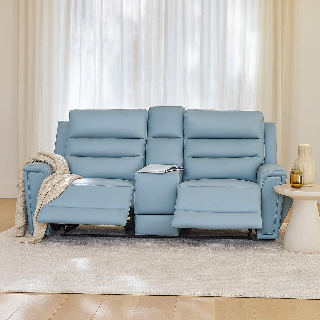 Mason 2 Seater Leather Power Recliner-Ice Blue