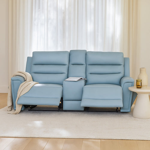 Mason 2 Seater Leather Power Recliner-Ice Blue