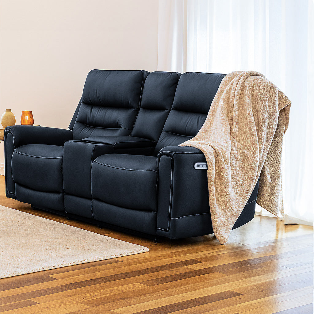 Mason 2 Seater Leather Power Recliner-Black