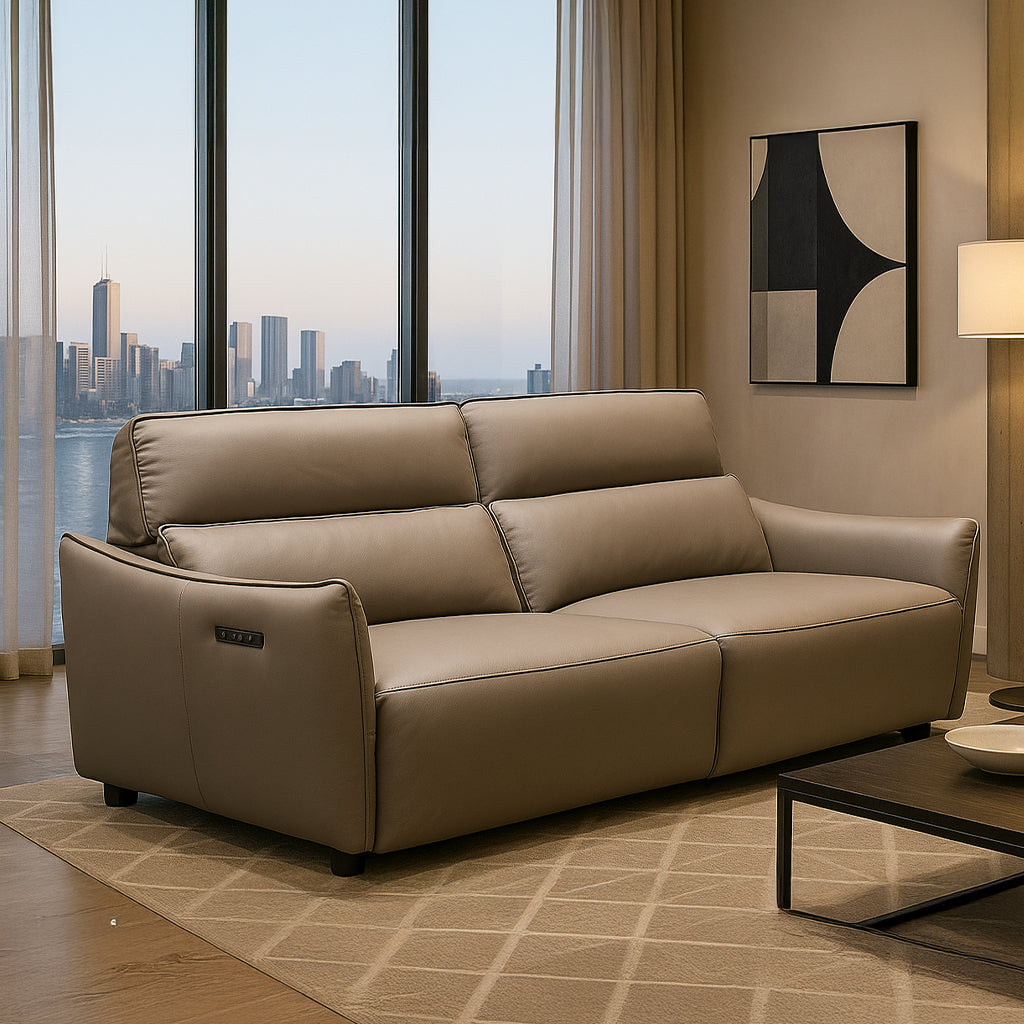 Memphis 2 Seater Leather Power Recliner with Adjustable Headrest-Mocha