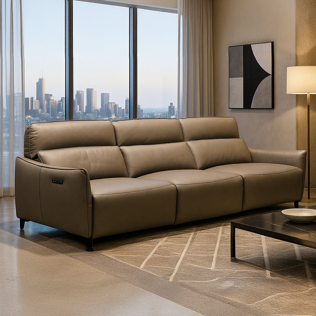 Memphis 3 Seater Leather Power Recliner with Adjustable Headrest-Mocha