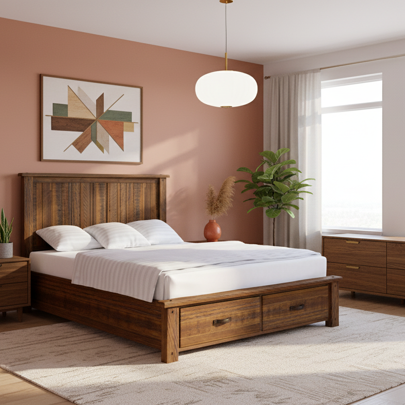 Oberon King Bed With Storage-Light Walnut