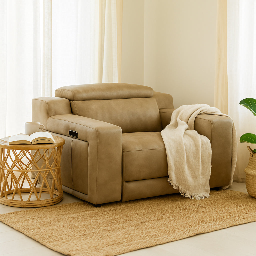 Panamera Fabric Power Recliner Triple Motor-Almond