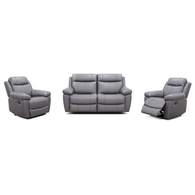 Seattle 3 Piece Leather Manual Recliner Suite-2 Seater Recliner Sofa + 2 Recliners-Grey