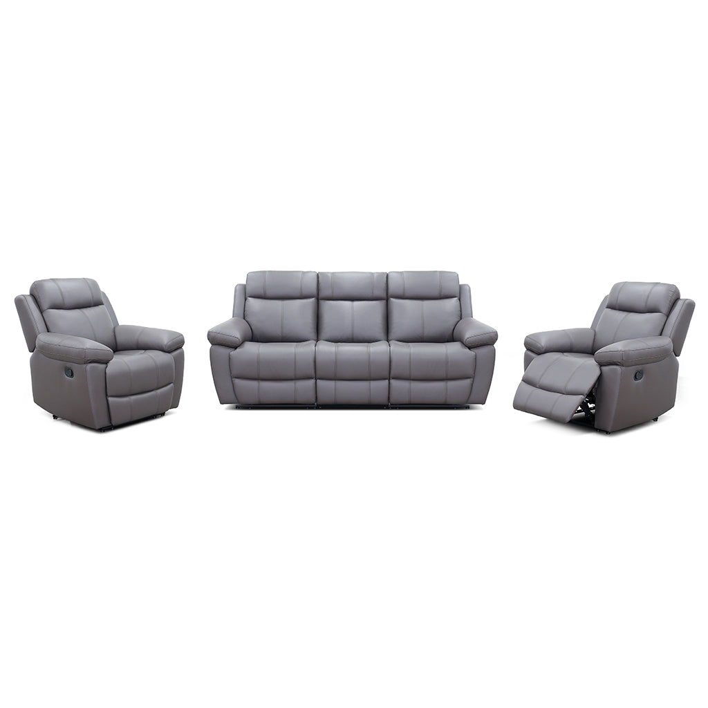 Seattle 3 Piece Leather Manual Recliner Suite-3 Seater Recliner Sofa + 2 Recliners-Grey
