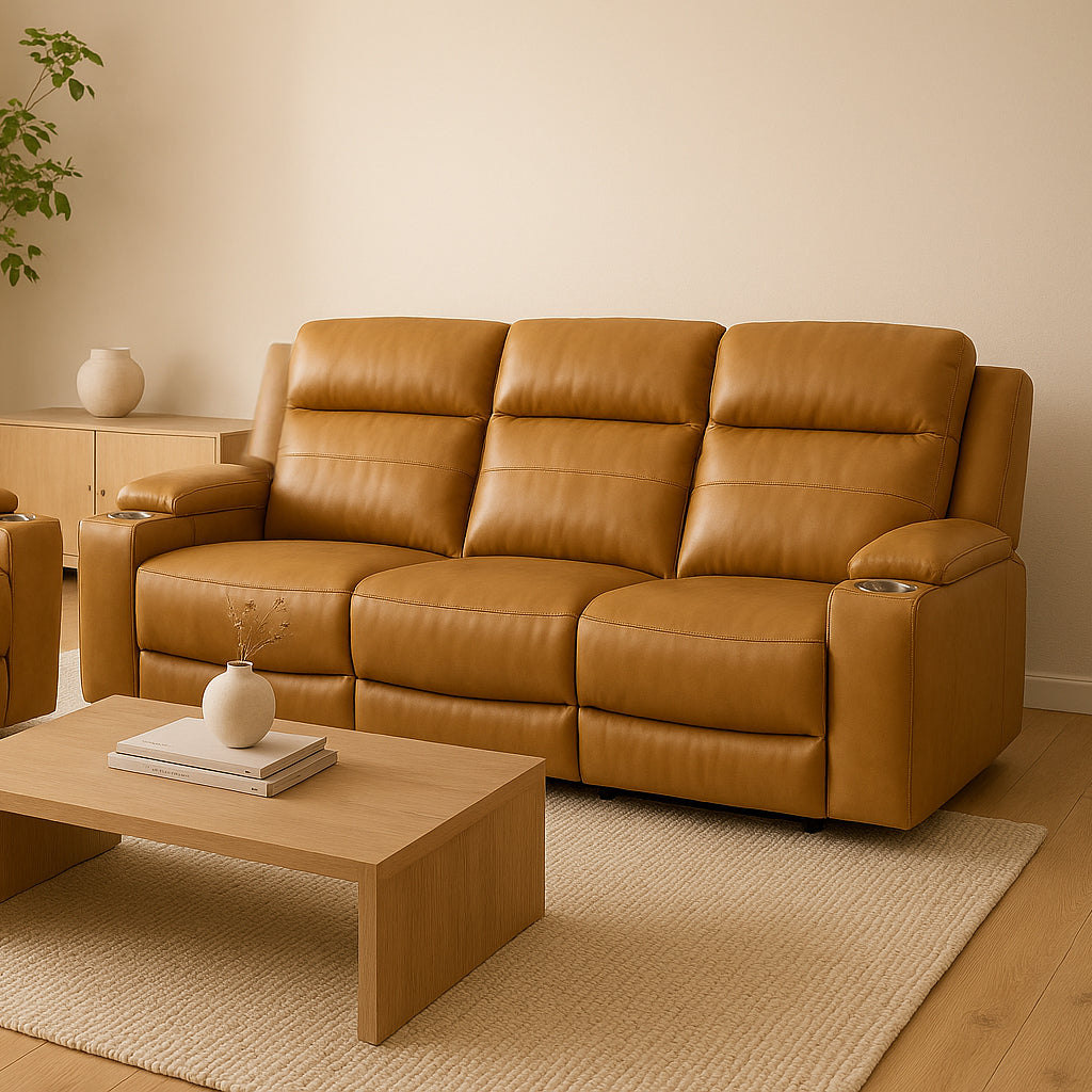 Taycan 3 Seater Fabric Power Recliner-Almond