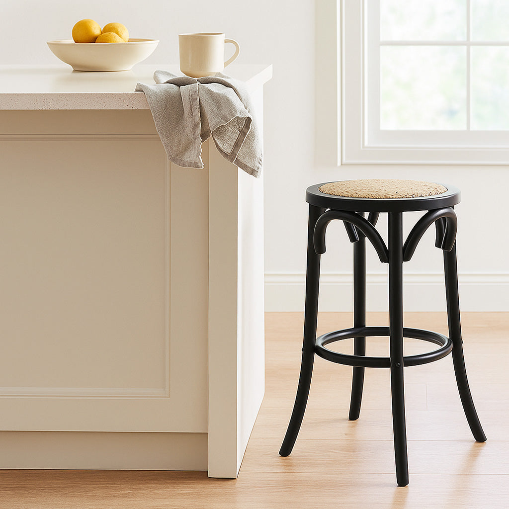 Café Kitchen Stool-Black with Rattan Seat