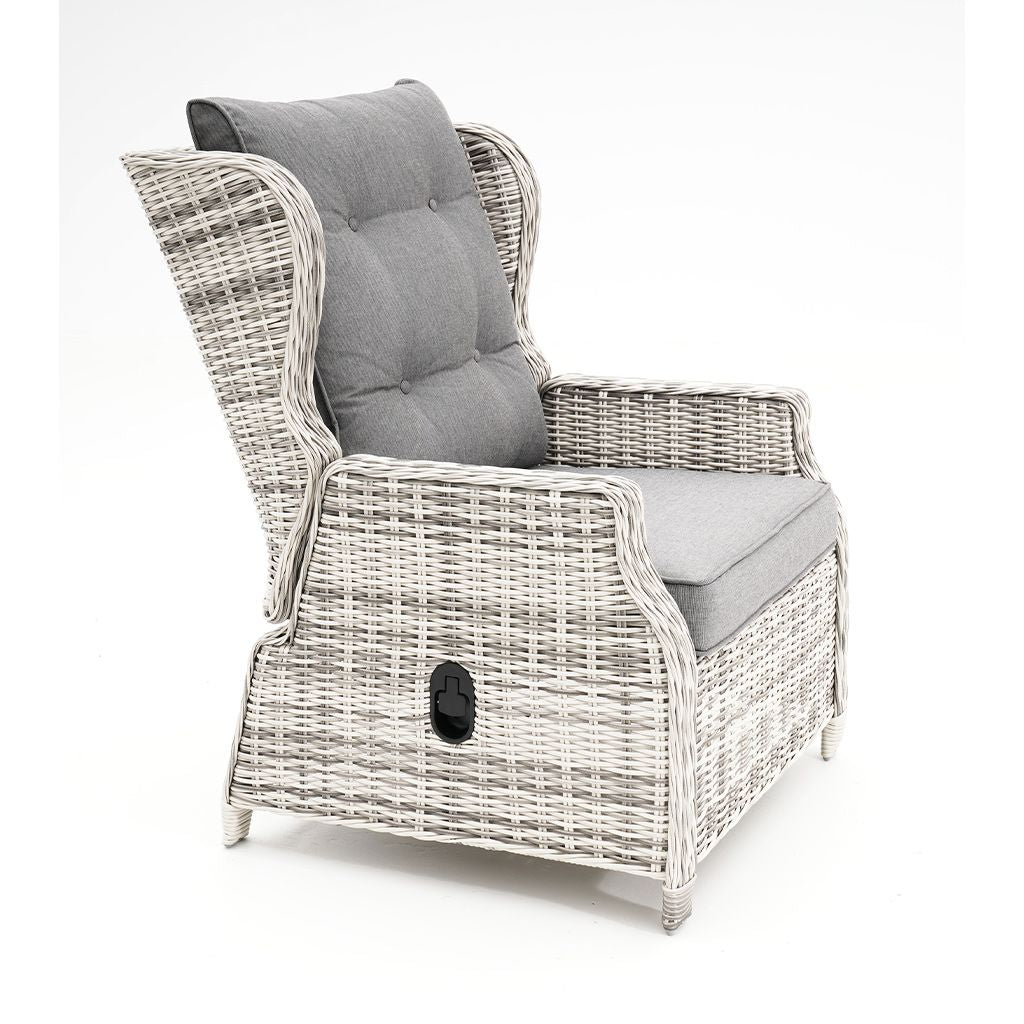 Buenos Aires Single Recliner Chair Zen White Wicker Grey Cushion