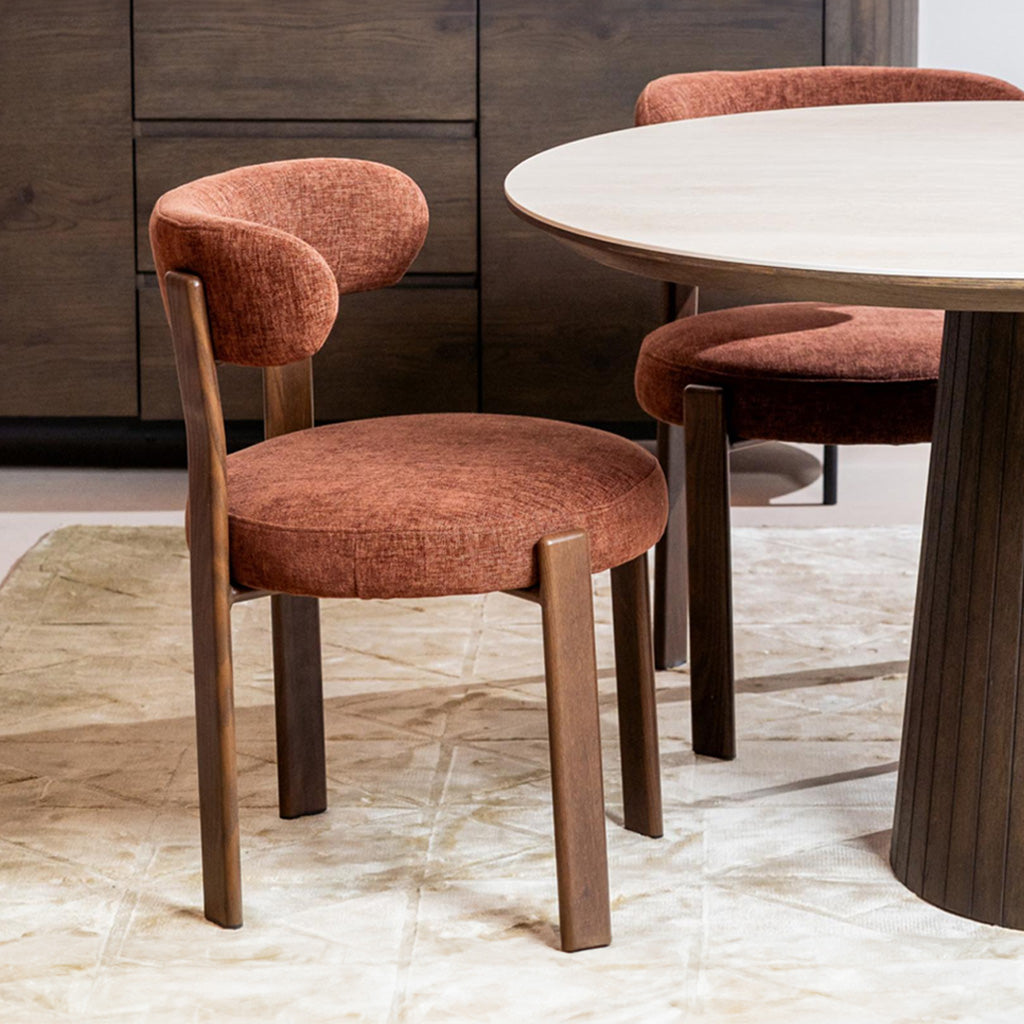 Carmo Dining Chair Set of 2–Rust Chenille Fabric with Walnut Wood Effect Metal Frame